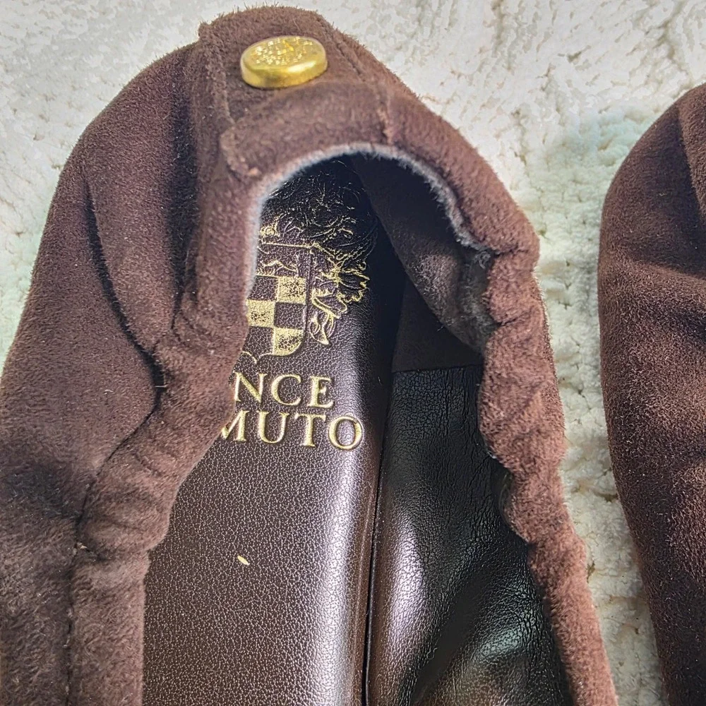Vince Camuto Ballet Flats Brown‎ Suede Pearl Bow Square Toe Womens 6.5 Excellent